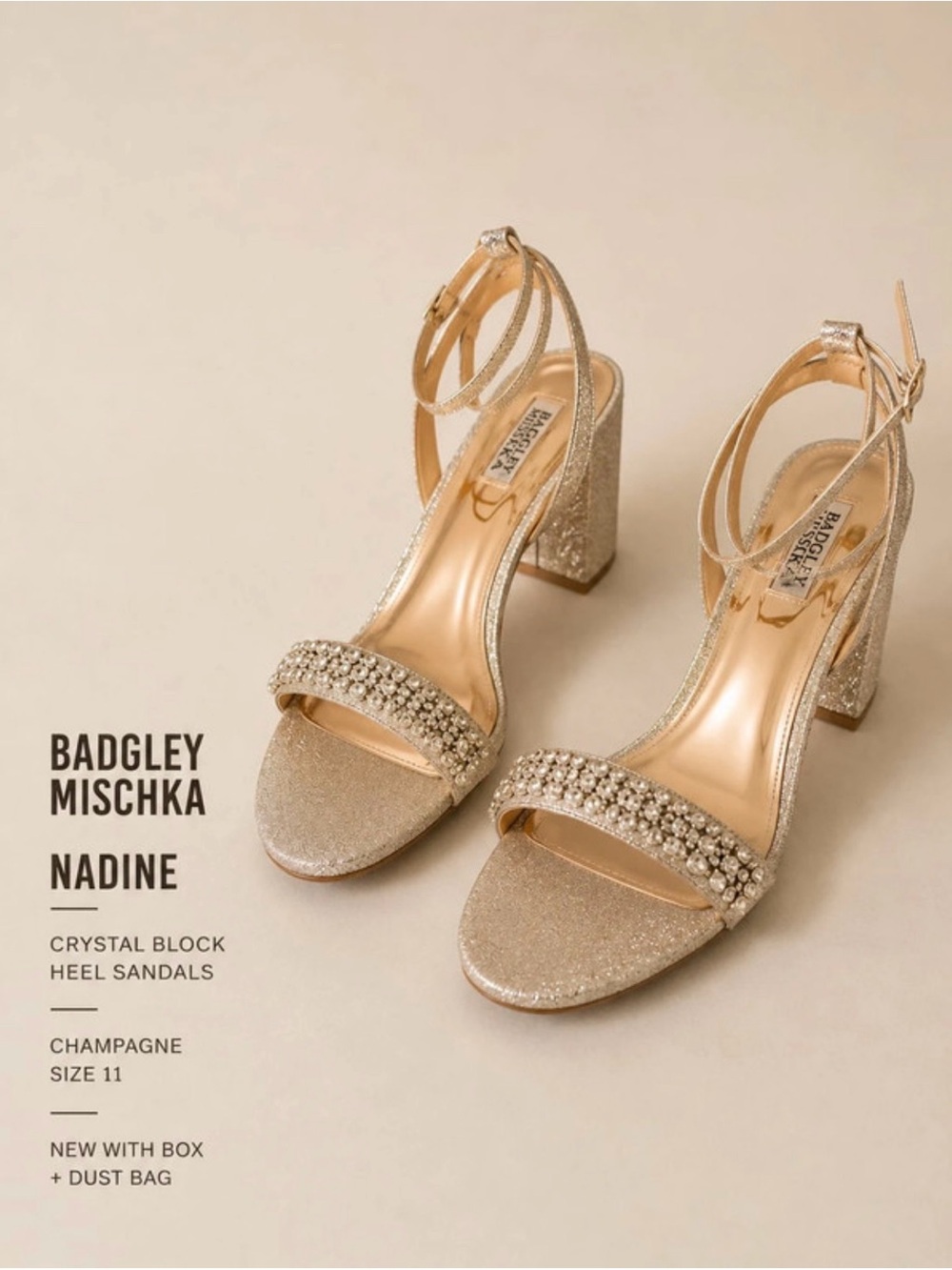 Badgley Mischka Nadine Champagne Crystal Ankle-Strap Block Heels Size 11 NIB